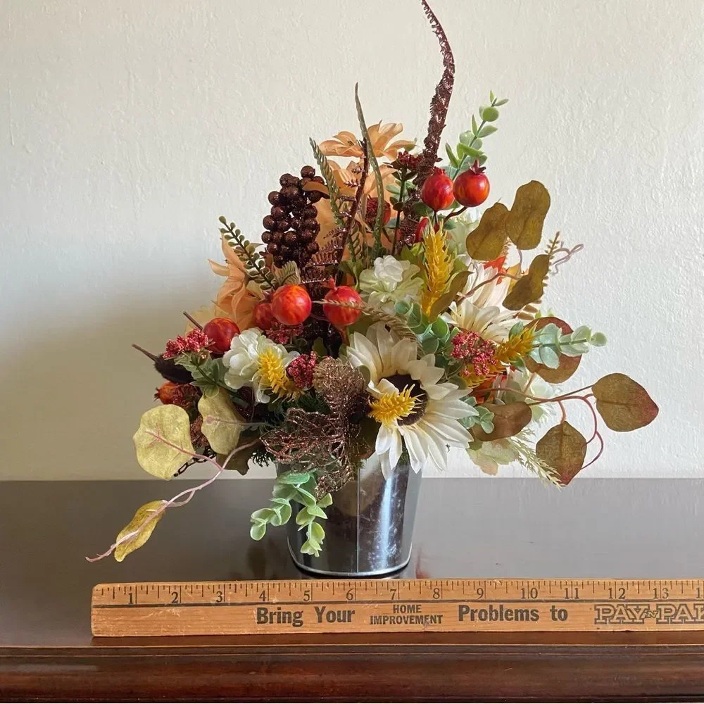 Faux Floral Bouquet With Peach Roses/Cream Sunflowers